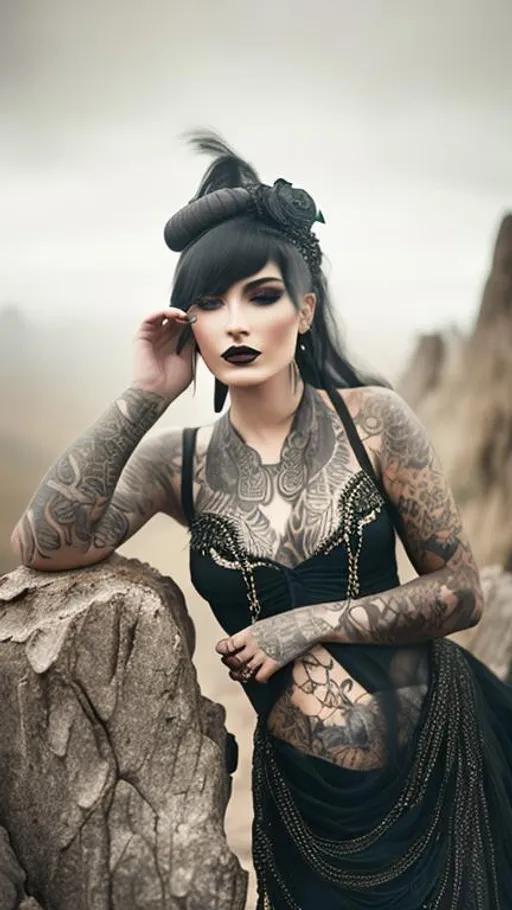 Prompt: Beautiful, Enigmatic, tattooed, Lilith, wearing a worn black dress, at the paramo, hyperrealistic, hyperdetailed, 16K, close-up, perfect composition, ambient light, textured skin, by Floria Sigismondi.