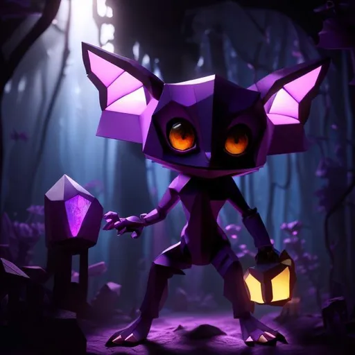 Prompt: Small purple humanoid figure, long pointy ears, large hexagon shaped gems for eyes, a large mouth with small pointy teeth, three fingers on each hand and three toes on each foot, short limbs, crouched stance, purples and blues, dim lighting, cave, spooky, goblin like, dark, smooth skin, crystals, genderless, smokey