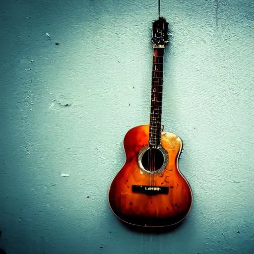 broken guitar hanging on a wall | OpenArt