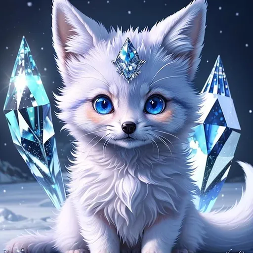 Prompt: (masterpiece, professional oil painting, epic digital art, best quality:1.5), insanely beautiful tiny ((fox kit)), (canine quadruped), ice elemental, silky silver-blue fur covered in frost, timid, alert crystal blue eyes, gorgeous 8k eyes, fluffy silver neck ruff covered in frost, two tails, (plump), enchanted, magical, finely detailed fur, hyper detailed fur, (soft silky insanely detailed fur), moonlight beaming through clouds, lying in frosted meadow, grassy field covered in frost, cool colors, professional, symmetric, golden ratio, unreal engine, depth, volumetric lighting, rich oil medium, (brilliant auroras), (ice storm), full body focus, beautifully detailed background, cinematic, 64K, UHD, intricate detail, high quality, high detail, masterpiece, intricate facial detail, high quality, detailed face, intricate quality, intricate eye detail, highly detailed, high resolution scan, intricate detailed, highly detailed face, very detailed, high resolution