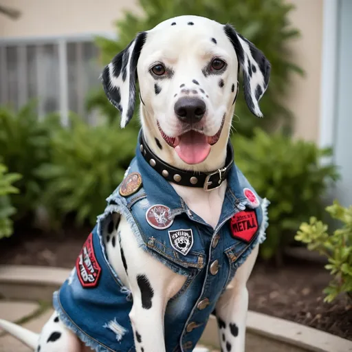 Prompt: dalmatian wearing a heavy metal music denim vest with patches
