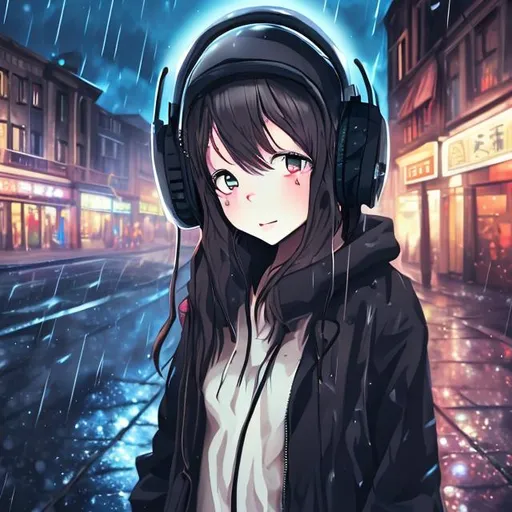 Prompt: anime girl dark in night rain street alone and lonely with coat on her head and uniform and listening to music by headphones