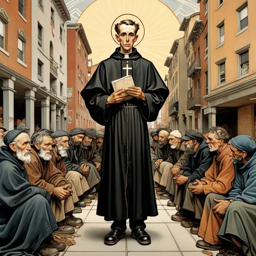 Prompt: Norman Rockwell Style, art nouveau illustration of a full body Saint Cajetan wearing a black cassock, among homeless, thick lines, intricate details, beautiful colors