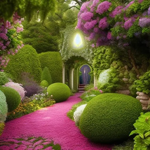 Prompt: The garden path parted to show me the beauty of everything, detailed scene, digital painting, hyperrealistic, fantasy, Surrealist, by Ciro Marchetti and Stanley Artgrem Lau, artstation, highly detailed, sharp focus, floral, stunningly beautiful, peaceful, iridescent gold, cinematic lighting, light