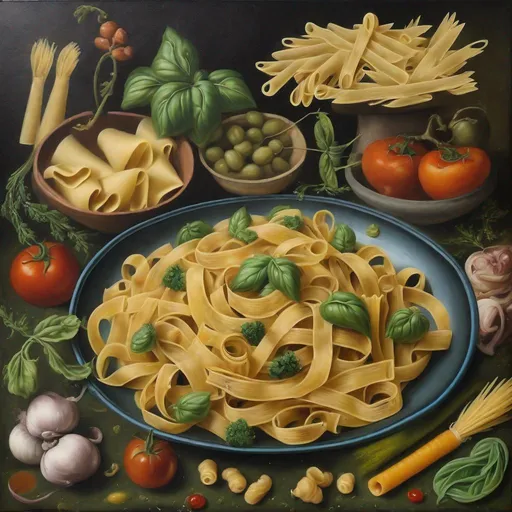 Prompt: oil painting of italian pasta with vegatables, in the style of Hieronymus Bosch

