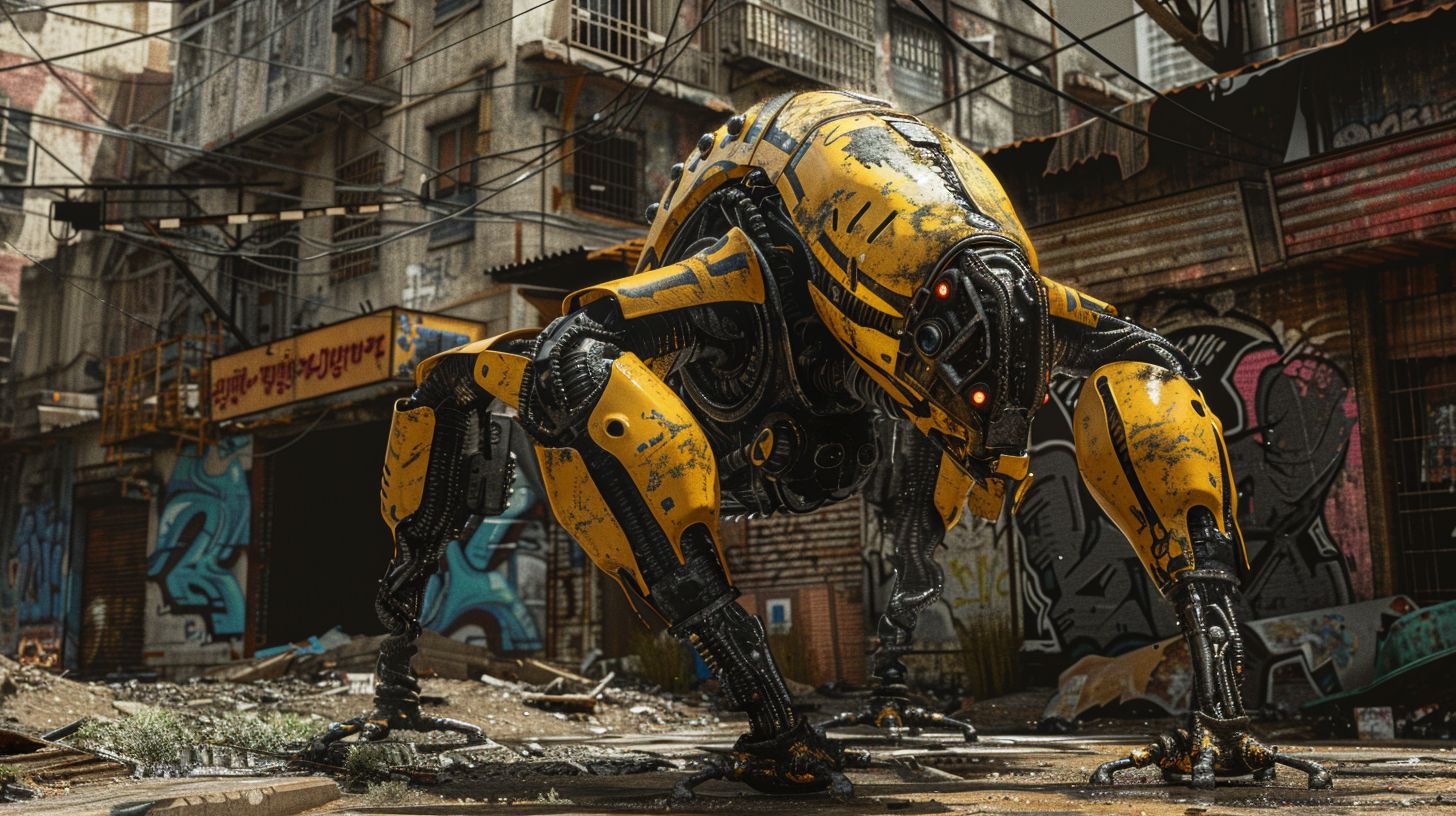 Prompt: High-resolution depiction of a yellow and black alien with detailed textures, in an urban setting infused with steelpunk and dieselpunk influences