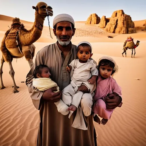 Prompt: ancient muslim man holding baby girl with his three camels in desert