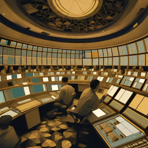 Prompt: a highly detailed lithograph of a busy NASA control room, soft warm color palette, chiaroscuro, tessellation, hyperbolic geometry, golden ratio composition