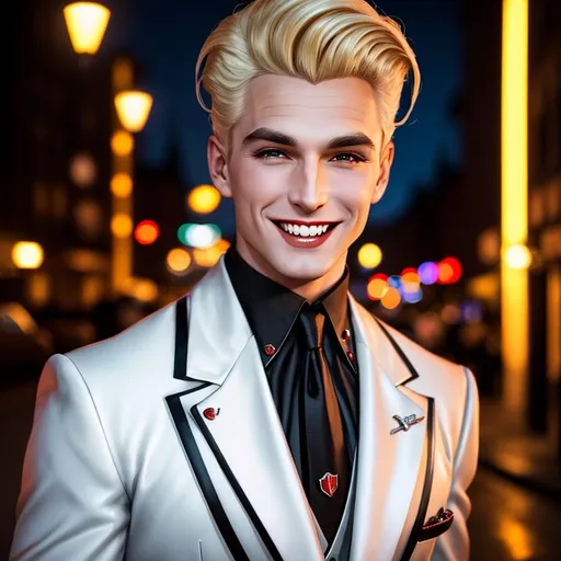 Prompt: Male vampire inspired 1950's sitcom husband, wearing 1950s American fashion, blonde hair, he is looking down at the viewer, detailed symmetrical face, attractive face, full body picture, grin showing perfect teeth, cyberpunk night time style background, well lit by street lights, vampire, Clan Tremere