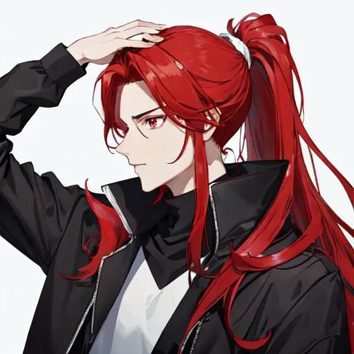 Prompt: Zerif 1male (Red side-swept hair covering his right eye) pulling his hair back into a ponytail, side profile, 8k, UHD, highly detailed, insane detail