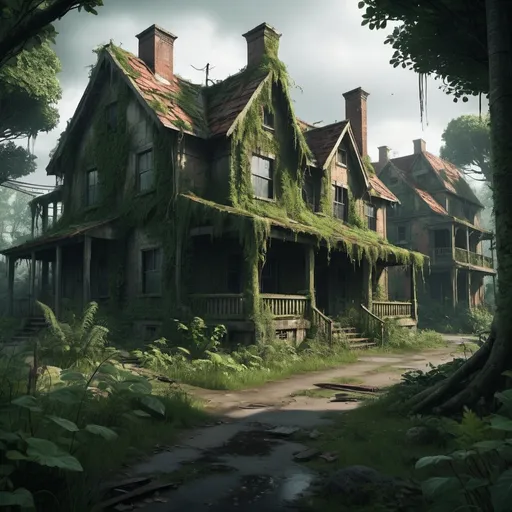 Prompt: The last of us video game style forest village, detailed post-apocalyptic setting, dense overgrown foliage, abandoned houses covered in moss and vines, eerie atmosphere, high quality, realistic, atmospheric lighting, desolate, overcast, post-apocalyptic, dense foliage, abandoned houses, eerie, detailed textures, moody, atmospheric setting