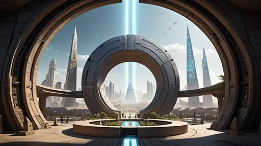 Prompt: human-scale circular portal, gateway between cities realms worlds kingdoms, ring standing on edge, freestanding ring, hieroglyphs on ring, complete ring, obelisks, pyramids, futuristic towers, garden plaza, large wide-open city plaza, wide vista view, three-quarters view, futuristic cyberpunk dystopian setting
