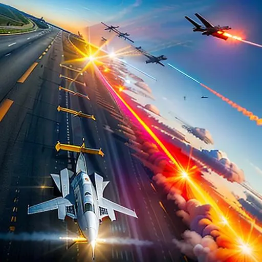 Prompt: Subject: "Highway to the Danger Zone"
Descriptions: A busy Highway on the ground with advanced Fighter planes soaring overhead, sleek and powerful, leaving trails of exhaust in the sky. Dynamic aerial maneuvers, intense dogfights, adrenaline-filled action.
Environment: Vast open sky, clouds swirling, sun setting in a fiery explosion of colors.
Mood/Feelings: Thrill, danger, excitement, urgency, patriotism.
Artistic Medium/Techniques: Digital illustration, bold color palette, strong contrasts, meticulous attention to detail.
Artists/Illustrators/Art Movements: Tom Cruise, Top Gun movie poster, 80s retro aesthetic, vaporwave, propaganda art.
Camera Settings: High-resolution digital camera, vibrant saturation, wide-angle lens, over the shoulder point of view.