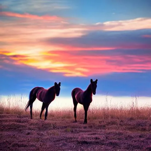 Prompt: pretty foals with a sunset
