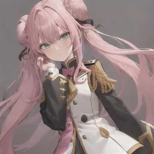 Prompt: a girl with long pink hair, two buns, Eden's uniform, an imperial scholar, green eyes
