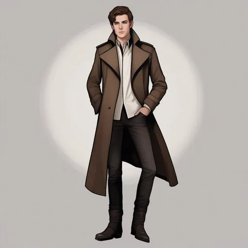 Prompt: full body shot shot of a young {man} with moderate length brown hair wearing dark brown trench jacket and white collared shirt with black pants and black boots, handsome, rpg art. Star trek art. 2d art. 2d