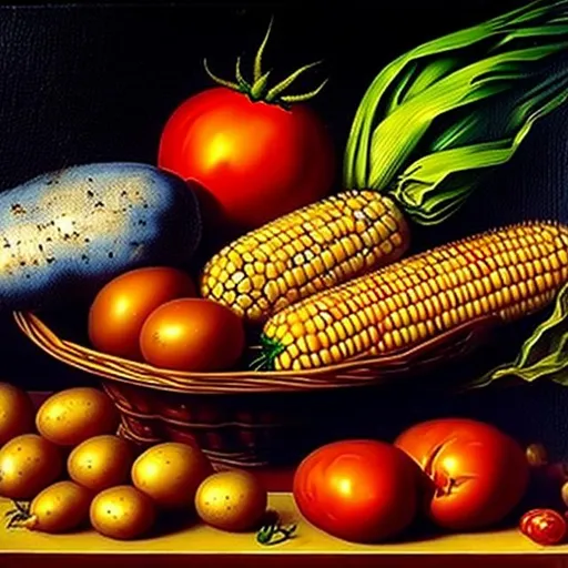 Prompt: oil painting of tomatoes, potatoes and corn, in the style of Van Eyck

