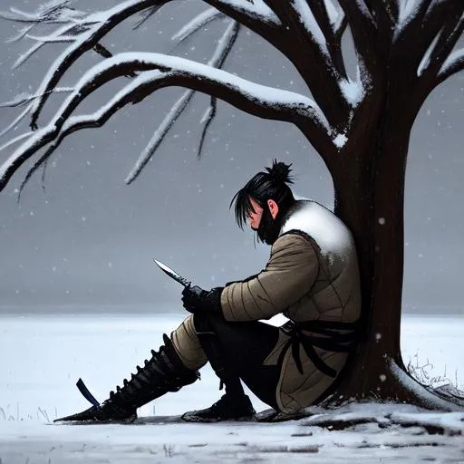 Prompt: A ronin with a knife on his back sat drinking under a snowy tree