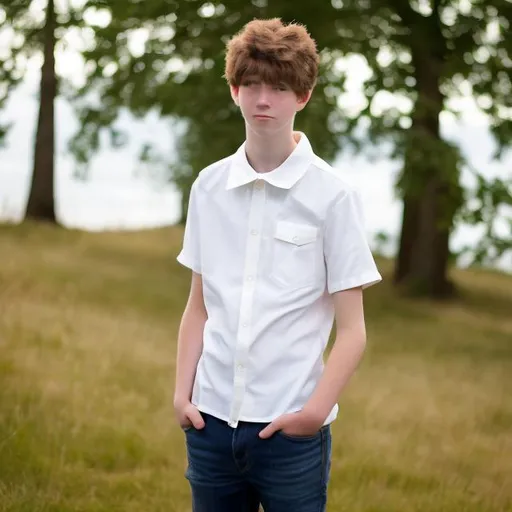 Prompt: 16 year old boy in a white botton down shirt with a puffy collar