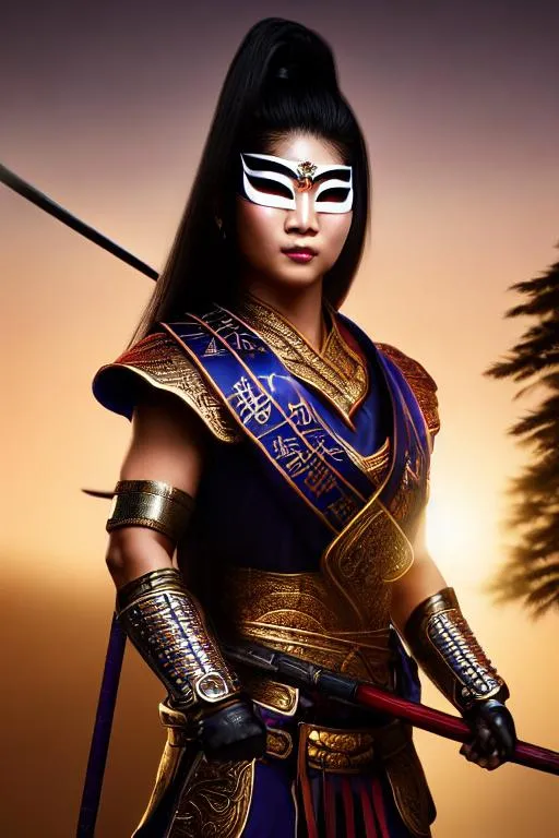 Prompt: ultra realistic detailed image of a athletic, muscular asian warrior woman, in a japanese village, masquerade mask, dark ponytail, night time, highly detailed, digital painting, Trending on artstation, HD quality