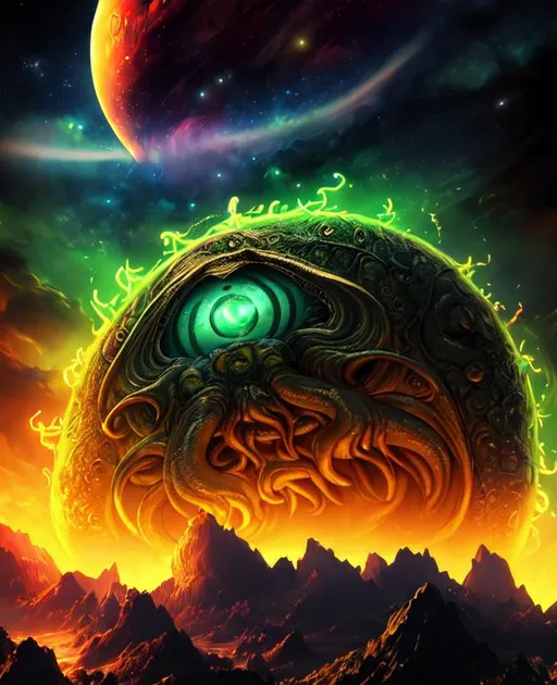 Prompt: Cthulhu, planet and stars in sky, intricate, masterpiece, hyper detailed, firestorm, 8k, neon highlights, HDR, Highly Detailed, perfect composition, photo real, realistic, super detailed, 8k, high quality, sharp focus, intricate details, highly detailed, masterpiece