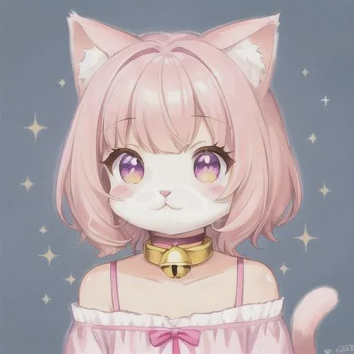 Prompt: adorable cat, simple style, sticker emoji pink eyes, tabby fur, chibi cat, cute furry, soft short hair, anthro furry, anthropomorphic furry, bell collar, stickers, sparkles, cute