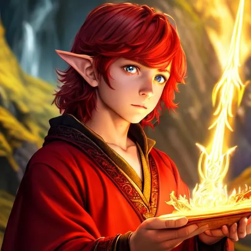 Prompt: oil painting, fantasy, hobbit boy, tanned-skinned-male, beautiful, bright red hair, straight hair, stoic, pointed ears, looking at the viewer, summoner wearing intricate robes and casting a summoning spell, #3238, UHD, hd , 8k eyes, detailed face, big anime dreamy eyes, 8k eyes, intricate details, insanely detailed, masterpiece, cinematic lighting, 8k, complementary colors, golden ratio, octane render, volumetric lighting, unreal 5, artwork, concept art, cover, top model, light on hair colorful glamourous hyperdetailed medieval city background, intricate hyperdetailed breathtaking colorful glamorous scenic view landscape, ultra-fine details, hyper-focused, deep colors, dramatic lighting, ambient lighting god rays, flowers, garden | by sakimi chan, artgerm, wlop, pixiv, tumblr, instagram, deviantart