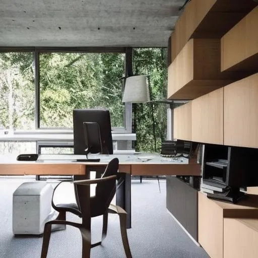 Prompt: brutalist architecture home office. with lots of natural light