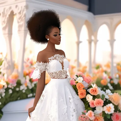 Prompt: black woman, haitian, romantic academia, romantic, flowers, beautiful, cute, lace outfit