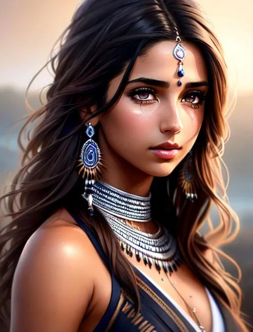 Prompt:  Naomi Scott crying, sleeveless, brown hair, brown eyes, wearing tribal cueitl, ethereal, sad, jewelry set balayage wild hair, royal vibe, highly detailed, watery eyes, highly detailed face, digital painting, Trending on artstation , HD quality, tan skin,artgerm,  by Ilya Kuvshinov 