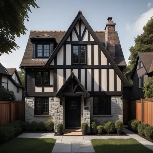 Prompt: Exterior facade of a modern English Tudor style small home, dark contrasting entry, high definition, realistic, modern English Tudor, detailed architecture, dark color scheme, natural lighting, narrow house