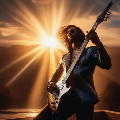 Prompt: Chiaroscuro, landscape, UHD, 8K, exquisite, hyper-realistic, (magic:3), A D&D 3e style illustration of a heavy metal guitarist,  dashing, handsome, sunshine rays