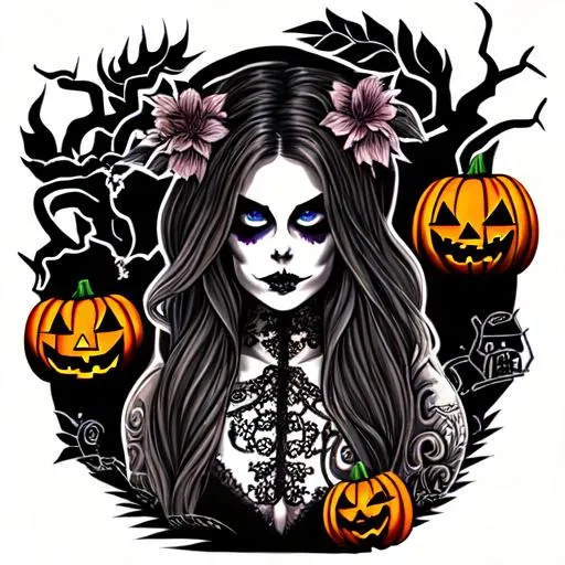 Prompt: Halloween themed tattoo flash sheet