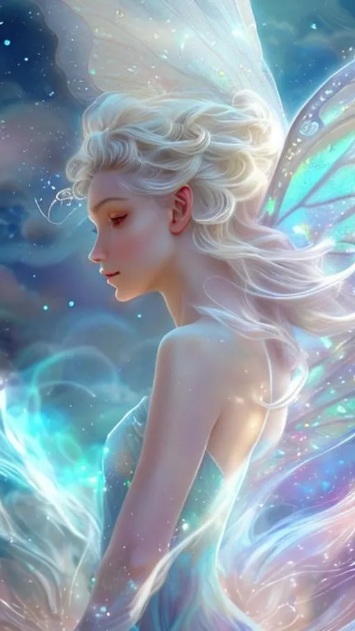 Prompt: Zoom in Portrait Very beautiful air faerie, Sylph (Masterpiece), warm gentle expression, group of butterflies, wavy opalblonde hair in the wind, (Masterpiece), fantastic sunlight, gentle white clouds, very beautiful woman, fantasy, beautiful dancing pose, fantastic sky background, realistic butterflies, constellation-like design Dress, in the sky Shining opalblonde hair, cinematic light, beautiful woman, beautiful eyes, long hair, perfect anatomy, very pretty, princess eyes, fantastic, stylised animation, bioluminescent, life size, 32K resolution, human hands, mysterious shape, graceful, almost perfect, dynamic angles, highly detailed, figure sheet, concept Art, smooth, symmetrical, balanced placement, fashion pose, 20s beauty, great hair, overhead space