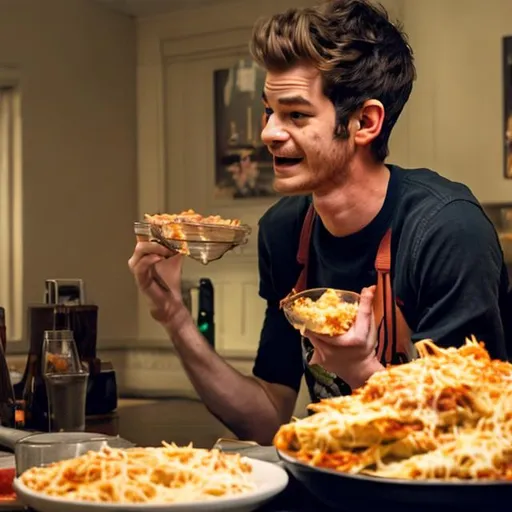 Prompt: Andrew garfield eating lasanga
