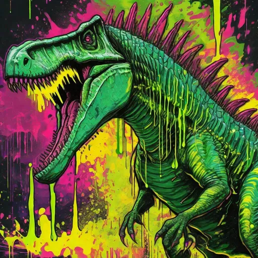 Prompt: Spinosaurus, neon yellow and green, dripping with venom, spraying deadly poison, Poison Spray, masterpiece, best quality, in fantastic art style