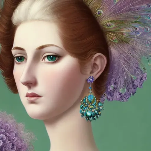 Prompt: dynamic composition of a pale skinned woman with hair of flowers and peacock plummage  of aqua and purple, ornate details,facial closeup