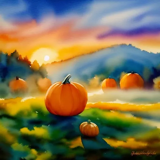 Prompt: (masterpiece, best quality:1.2), A watercolor painting, oil painting. A spooky pumpkin in a pumpkin patch during a golden sunrise over a green field on a misty morning.