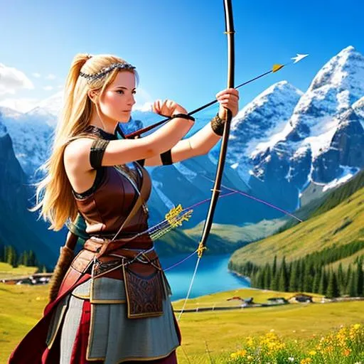 Prompt: Beautiful viking warrior woman,
Holding a bow and arrow,
Realistic,
Mountains in summertime background,
Hunting,
Norse mythology