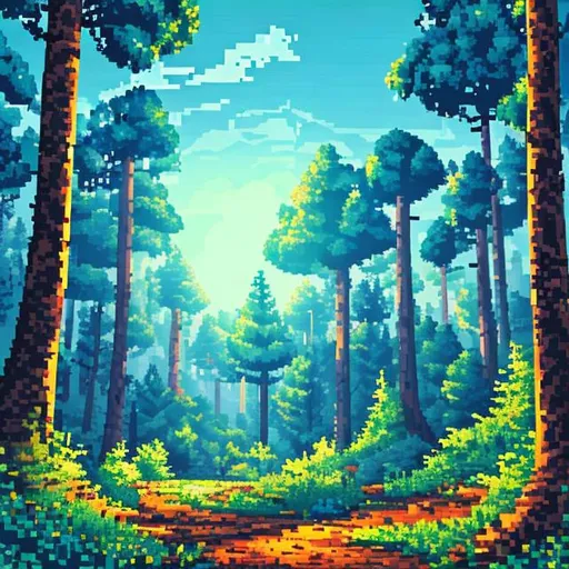 Prompt: game art, backgroud texture with blue sky and forest,pixel style