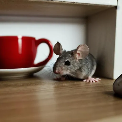 A broken tea cup sitting on a shelf with a mouse pee... | OpenArt