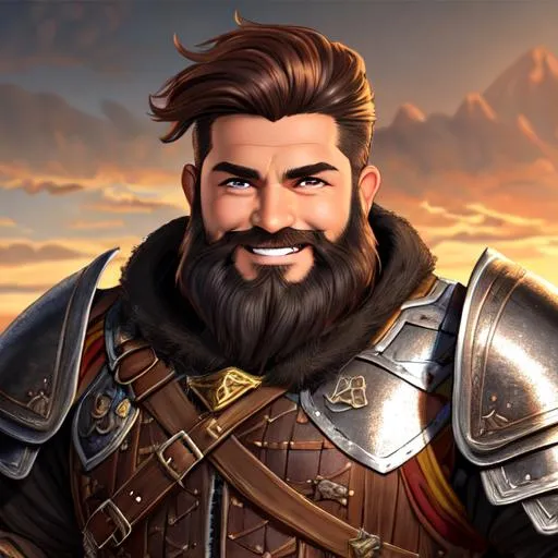 Prompt: oil painting, D&D fantasy, tanned-skinned-dwarf man, tanned-skinned-male, short, stout, barrel chested, short bright brown hair, long beard hair, smiling, looking at the viewer, fighter wearing intricate full plate armor outfit, #3238, UHD, hd , 8k eyes, detailed face, big anime dreamy eyes, 8k eyes, intricate details, insanely detailed, masterpiece, cinematic lighting, 8k, complementary colors, golden ratio, octane render, volumetric lighting, unreal 5, artwork, concept art, cover, top model, light on hair colorful glamourous hyperdetailed medieval city background, intricate hyperdetailed breathtaking colorful glamorous scenic view landscape, ultra-fine details, hyper-focused, deep colors, dramatic lighting, ambient lighting god rays, flowers, garden | by sakimi chan, artgerm, wlop, pixiv, tumblr, instagram, deviantart