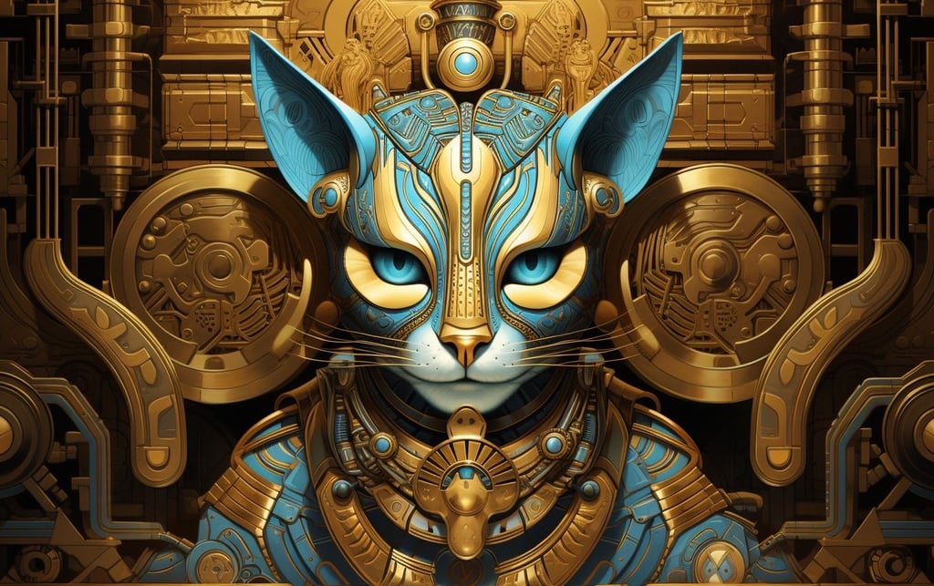 Prompt: full size cat godess laying in her temple, in the style of high - tech futurism, in the style of gold and cyan, egyptian x egyptian patterns, stripes and shapes, harsh realism, ramses younan, made of liquid metal, mark brooks, robotic motifs