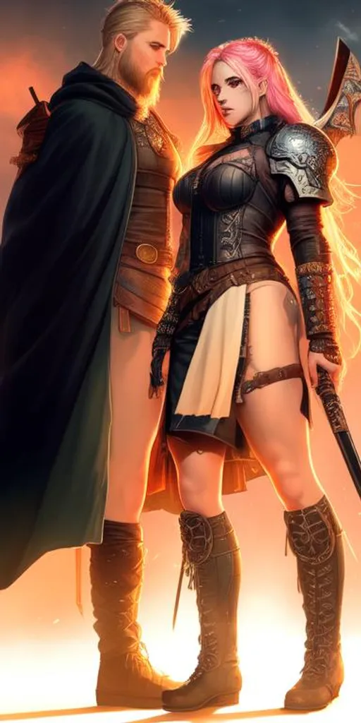 Prompt: Beautiful Viking female and male together with tattoos, strong apocalyptic, swords, guns, axes, firestorm, anatomical, dark, gothic, mech, electrical, hazardous waste, green, blue, pink, orange, red