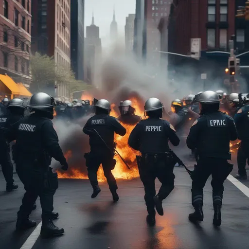 Prompt: Riots in streets of New York, Hyperrealistic, sharp focus, Professional, UHD, HDR, 8K, Render, electronic, dramatic, vivid, pressure, stress, nervous vibe, loud, tension, traumatic, dark, cataclysmic, violent, fighting, Epic