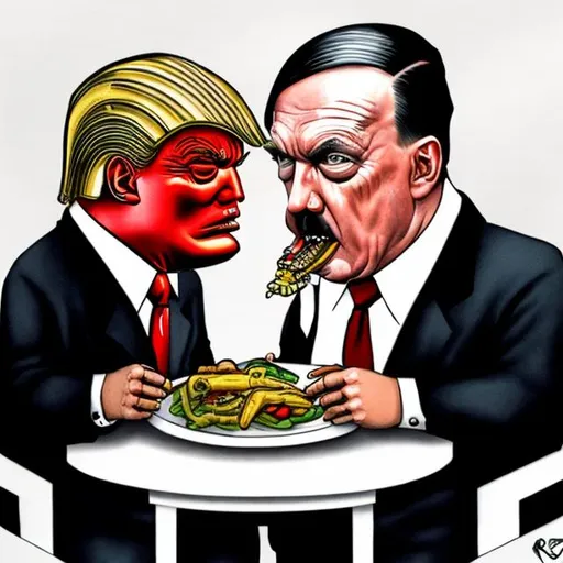 Prompt: A robotic Trump eating with hitler