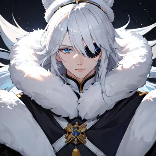 Prompt: Russia as a male human, 8k, UHD,  highly detailed, white hair, blue eyes, wearing a fluffy giant jacket and a ushanka, wearing an eye patch, close up