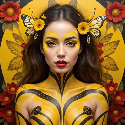 Prompt: (art masterpiece) Surreal full  body view, beautiful and attractive woman, face and body painted with yellow and black lines resembling a bee pattern, large striking red lips with yellow specks , adorned with vibrant yellow decorations and flowers, ethereal ambiance, intricate details, dreamy background, expressive and captivating vibe, warm color tones, high depth, ultra-detailed, visually stunning.