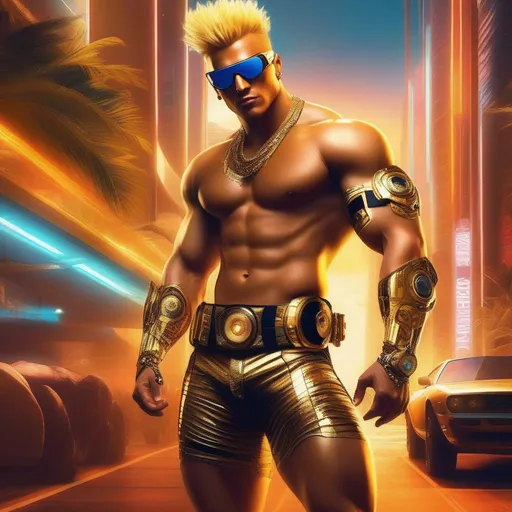 Prompt: ((best quality)), ((masterpiece)), a scantily clad muscular man, with sunglasses, Kano's Bionic Eye, golden cybernetic arms, blond mohawk, flexing, full body, Miami cyberpunk background