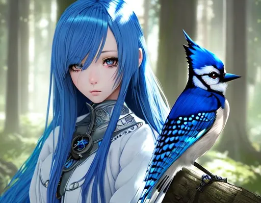 Prompt: hyper realistic anime girl dressed like a bluejay, beautiful, symmetrical face, early twenties, sitting in a forest, hyper attention to detail, super intricate, final fantasy, shadows, high fantasy, post steampunk, cinamatic, western background, micro details, lifelike, photo realistic, dream, insanely detailed
